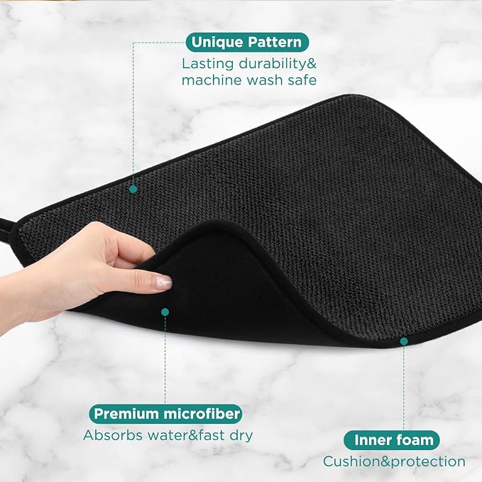 GeeRic Microfiber Dish Drying Mat, Super Absorbent Kitchen Dish Drying Pad, Reversible for Countertop, 15*20 inch Black