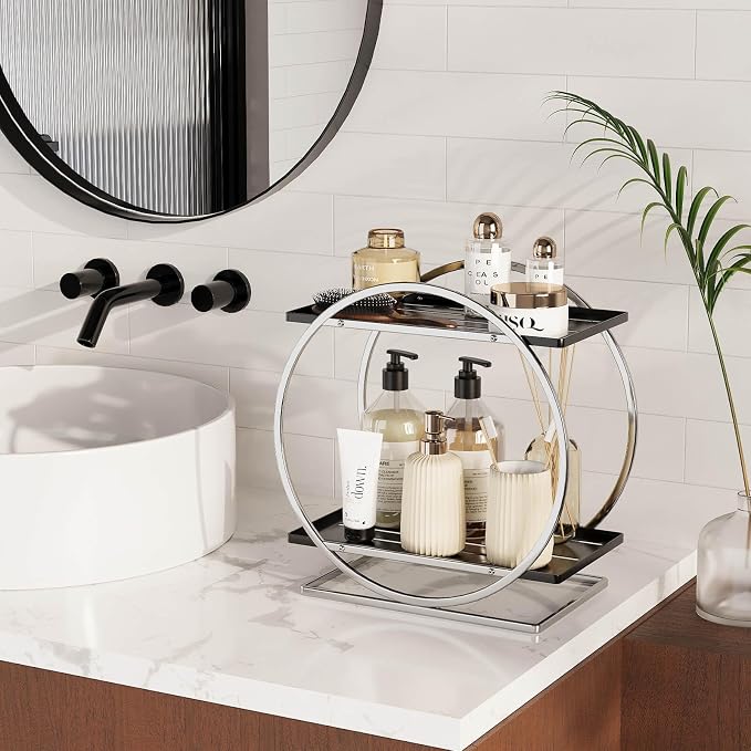 Bathroom Counter Organizer, Silver Black Perfume Organizer for Dresser, 2-Tier Bathroom Organizers and Storage, Exquisite Makeup Organizer Countertop Vanity Tray for Perfume Cosmetic Skincare