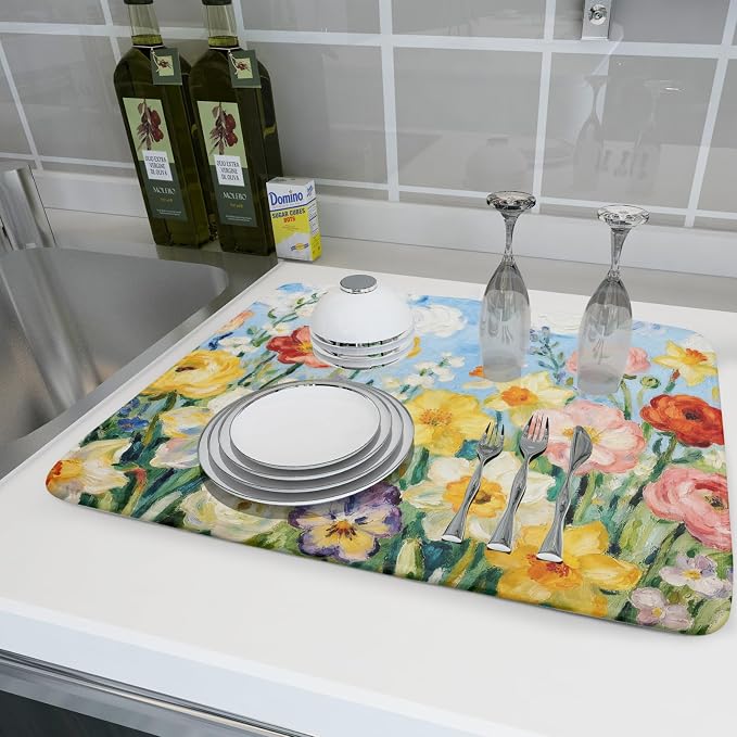 Spring Floral Dish Drying Mat for Kitchen Counter 18x24 Yellow Pink Narcissus Flower Seasonal Themed Summer Absorbent Reversible Microfiber Drying Mats Kitchen Countertop Protector Dishes Drainer Pad