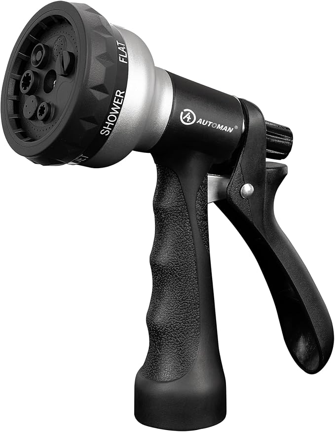 AUTOMAN-Garden-Hose-Nozzle, ABS Water Spray Nozzle, 7 Adjustable Watering Patterns, Slip Resistant for Watering Plants, Lawn& Garden, Washing Cars, Cleaning, Showering Pets & Outdoor Fun.Silver Color