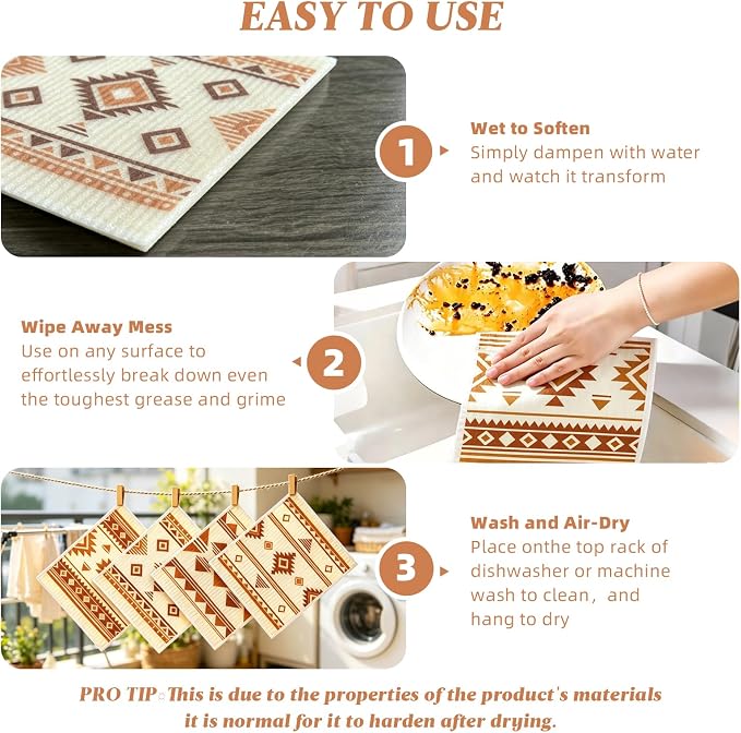 4 PCS Swedish Dishcloths, Western Aztec Vintage Themed Reusable Kitchen Dish Cloths, Super Absorbent Cellulose Sponge Cloths, Odor Resistant, Dishwasher Safe & Multi-Purpose Cleaning Cloths