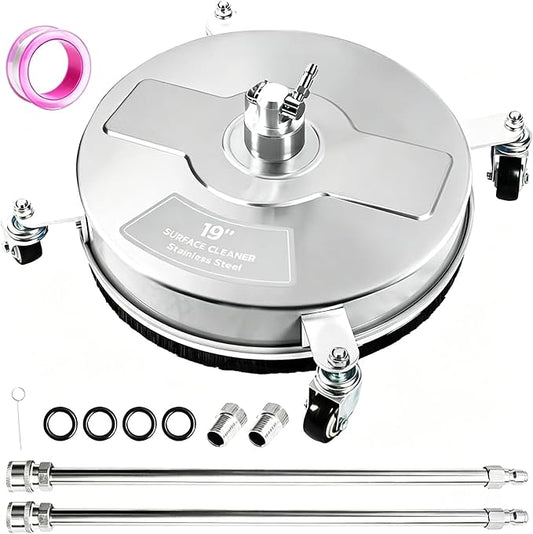 Hourleey 19" Pressure Washer Surface Cleaner, Stainless Steel Surface Cleaner with 4 Wheels for Concrete, Patio, Sidewalk, Deck, Pathway 1/4" Quick Connector, 2 Extension Wand, 4000 PSI