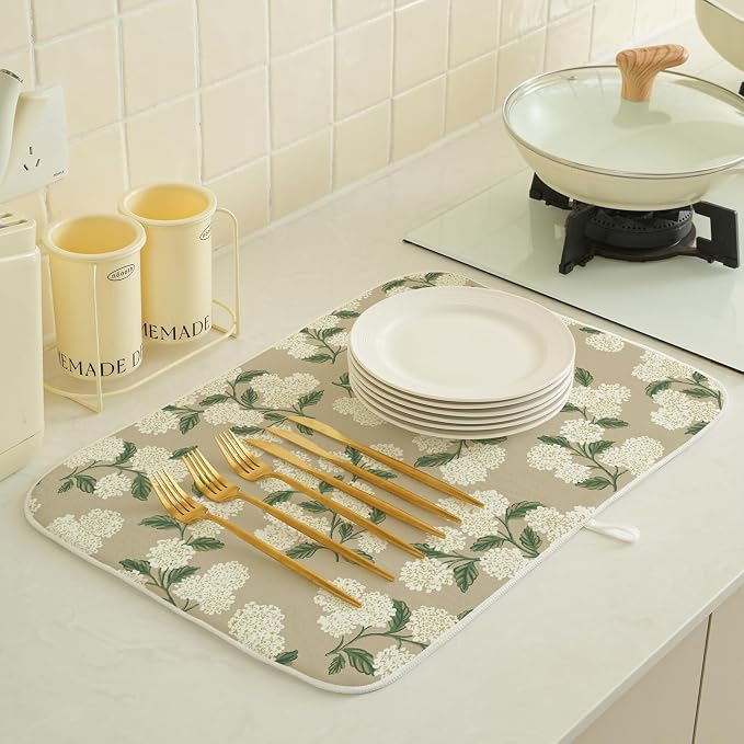 Beige Dish Drying Mat 18x24 Inch Khaki Green Vintage Floral Hydrangea Flower Drying Mat Spring Summer Seasonal Absorbent Dish Drying Pad Dish Rack Drainer Mats for Kitchen Dining Counter