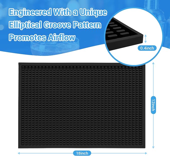 ZJWZLG Bar Mat - Premium 18"X12" Rubber Bar Mats for Countertop, Non-slip Dish Drying Pad & Bartender Mat with for Fast Drying, Ideal Bar Tools for Home Bar, Cocktail Set, And Kitchen Use(Black)