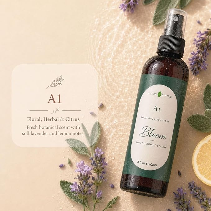 A1 Bloom Linen and Room Spray, Floral Essential Oil Blend, 4 fl oz | Soft garden-inspired fragrance, layered floral notes, suitable for fabrics and everyday spaces, handcrafted in Thailand