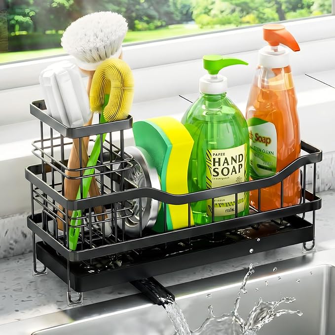 Sponge Holder for Kitchen Sink, Self-Draining Sink Caddy Organizer with Removable Brush Holder, Rustproof Metal Sponge Rack for Countertop, Fits Soap Dispenser & Scrubber, Black