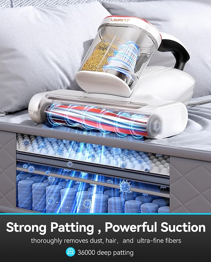 uwant Bed Cleaner with 14Kpa Suction Metal Roller 253.7nm Uv-c Light Mattress Vacuum Cleaner 36000RPM/Min 149℉ Heating HEPA Filter&Ultrasonic Mattress Vacuum for Sofa, Pillow, Bed Throws Set of 1