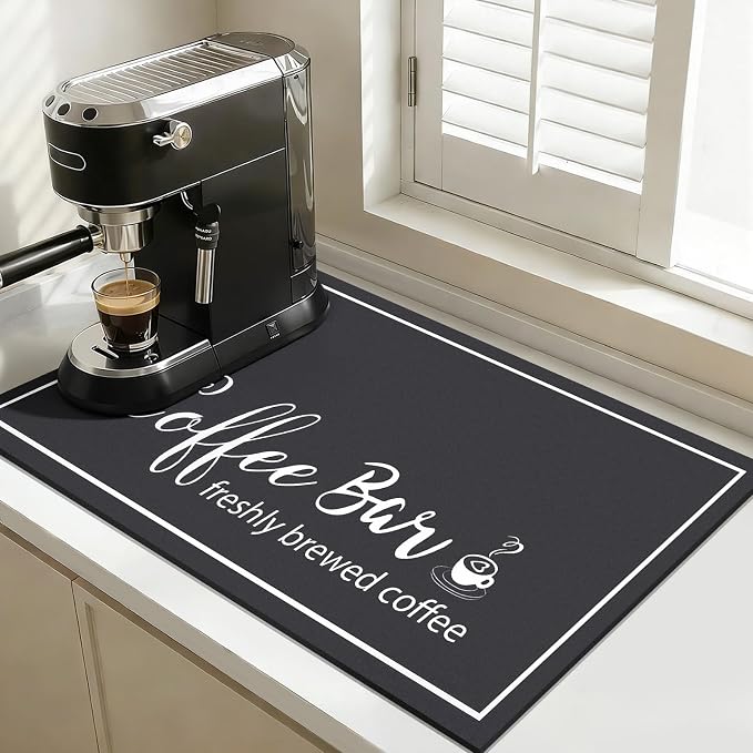 Findosom Dish Drying Mat, 16"x 24" Super Absorbent & Hide Stain Coffee Mat, Cuttable Drying Mat for Kitchen Counter, Coffee Bar Accessories, Under Dish Rack, Coffee Maker, Espresso Machine, Black
