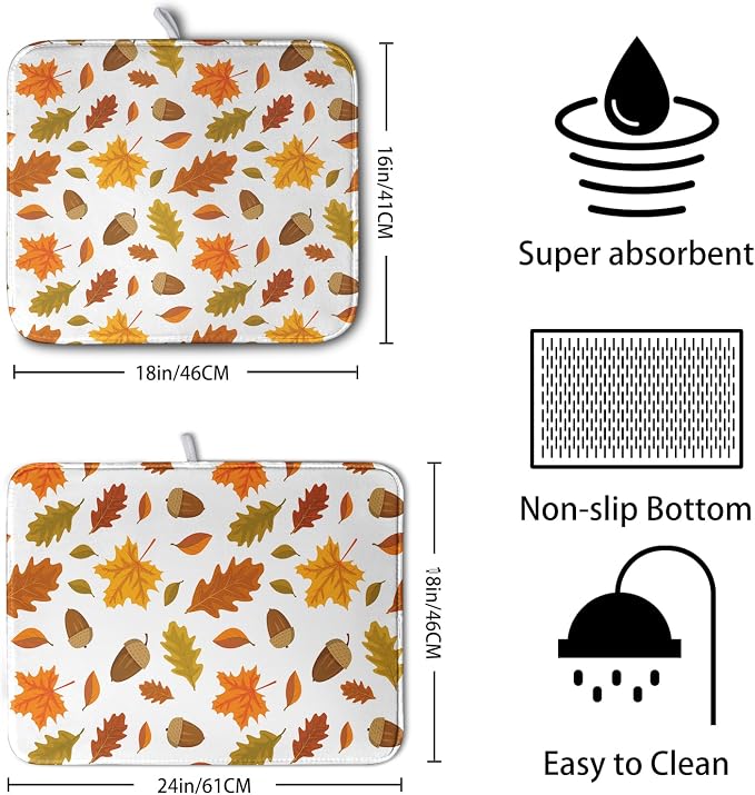 Fall Leaves Dish Drainer Mat - Absorbent Drying Mat for Counter - 18x24 Inch, Orange Maple Leaf Pattern