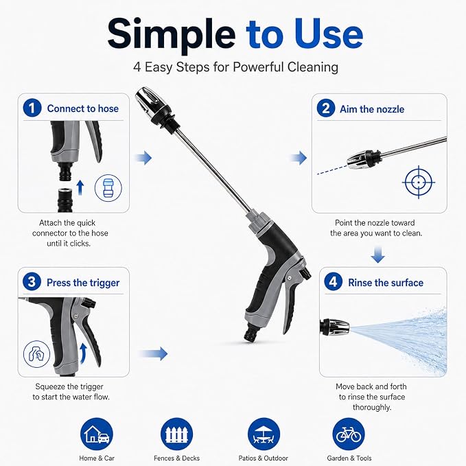 Power Blast Plus, Handheld Portable Pressure Washer with 360°Rotating Nozzle, 3 Spray Modes, Tool-Free Setup for Driveway & Outdoor Cleaning