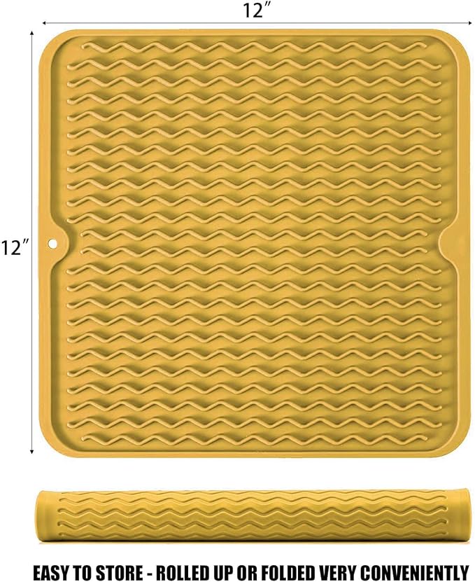 Silicone Dish Drying Mat for Multiple Usage, Easy clean, Eco-friendly, Heat-resistant Dish Drainer Mat for Kitchen Counter,Sink,Refrigerator or Drawer liner (12" x 12", Yellow)