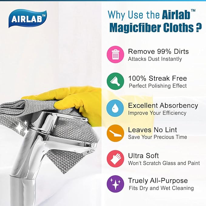 Airlab Glass Polishing Streak Free Miracle Cleaning Cloth, Grey & Blue | Lint Free Microfiber Cleaning Rags for Glasses Kitchen Dish Mirrors Easy Clean, 16 x 12 Inches, Pack of 8