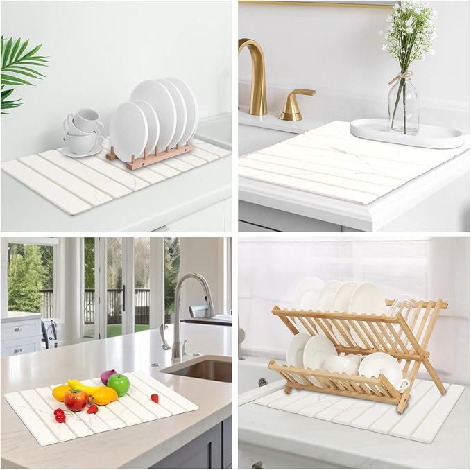 Large Stone Drying Mat for Kitchen Counter - 24"x16"Quick Drying Fast Absorbent Non-Slip kitchen Dish Drying Mats, Friendly Foldable Diatomaceous Earth Mats for Dishes Cups,Match Any Countertop