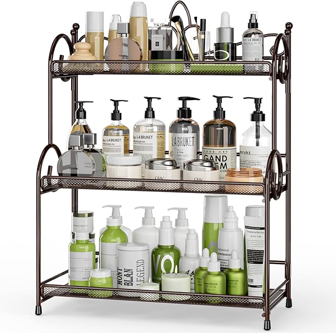 EKNITEY Bathroom Organizer Shelf Countertop - 3 Tier Spice Rack No Assembly | Kitchen Counter Organizer, for Skincare Makeup Vanity, Sturdy Metal Frame, Easy to Clean, Space-saving, Foldable, Brown