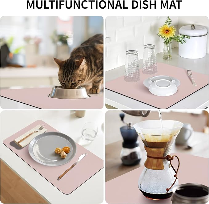 Coffee Bar Mat for Countertop, 12" x 19” Super Absorbent Dish Drying Mat, Kitchen Counter Mat Fits Under Coffee Maker or Machine, Pink Kitchen Decor and Accessories for Dish Drying Rack