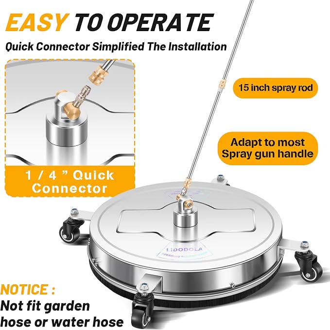 LidoDola 19'' Pressure Washer Surface Cleaner, Power Washer Accessory | Stainless Steel Housing with 4 Wheels, 1/4" QC, 2 Extension Wands & 2 Replacement Nozzles, for Gas & Electric Pressure Washer