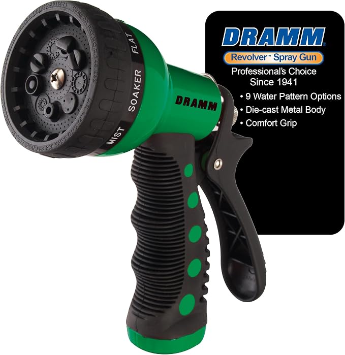 Dramm Revolver Heavy Duty Metal Garden Hose Nozzle – 9 Spray Patterns, High Pressure Jet, Thumb-Control Flow, Ergonomic Grip – Green