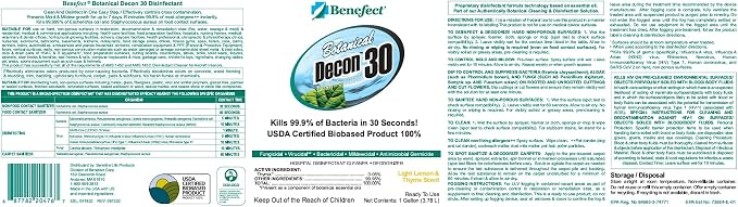 Benefect Botanical Decon 30 Disinfectant Cleaner - All Natural Formula for Effective Cleaning Power - Ideal for Restoration Jobs & Water Damage - 20476 - 1 Gallon