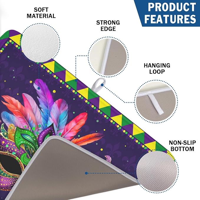 Mardi Gras Dish Drying Mat for Kitchen Counter Masquerade Mask Feather Drying Mats Absorbent Reversible Microfiber Washable Draining Pad Washable Dry Mat 18x24 Inch