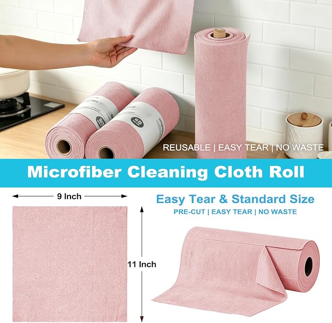 Puomue 55 Pack Microfiber Cleaning Cloth Roll, Tear Away Reusable Paper Towels, 11" X 9", Ultra Absorbent & Lint Free Microfiber Cloth for Cleaning Cars, Kitchen, Window, Home and Shop, Pink