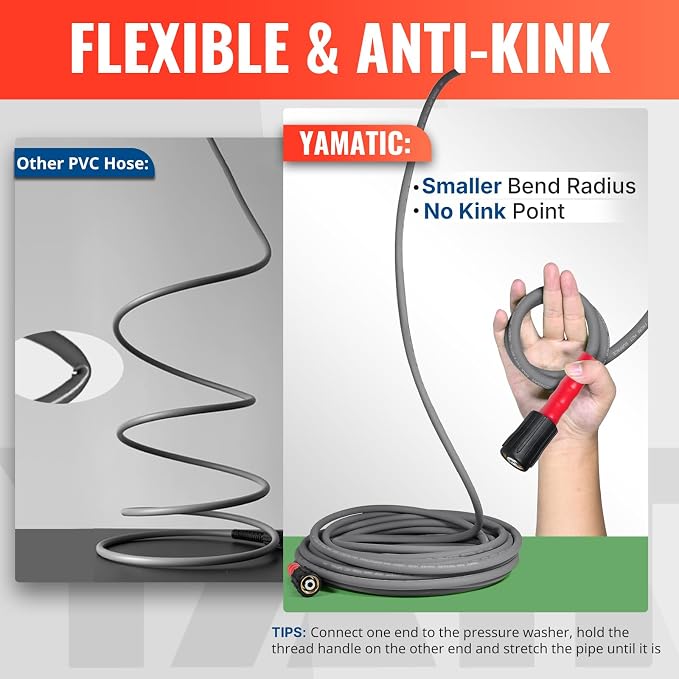 YAMATIC Upgraded Flexible Pressure Washer Hose 30FT 1/4", 3200 PSI Non-Kink Replacement with M22-14mm & 3/8" Quick Connect Adapters, Extension for Gas Power Washer Troy-Bilt Ryobi Honda Craftsman