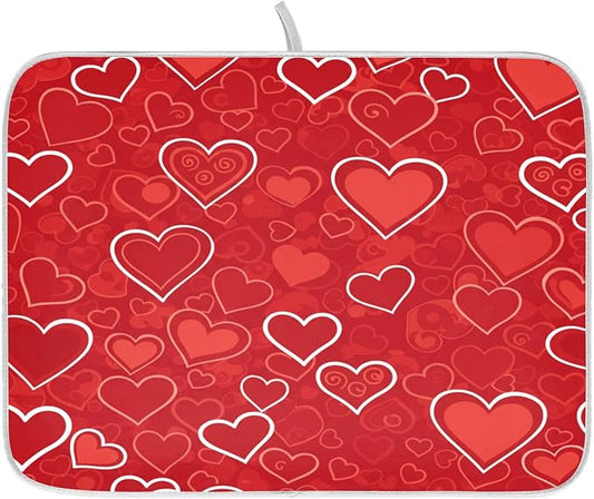 Red Hearts Cute Dish Drying Mat for Kitchen Counter Absorbent Microfiber Large Drying Pad Dish Mats for Kitchen Countertops 18 x 24 Inch