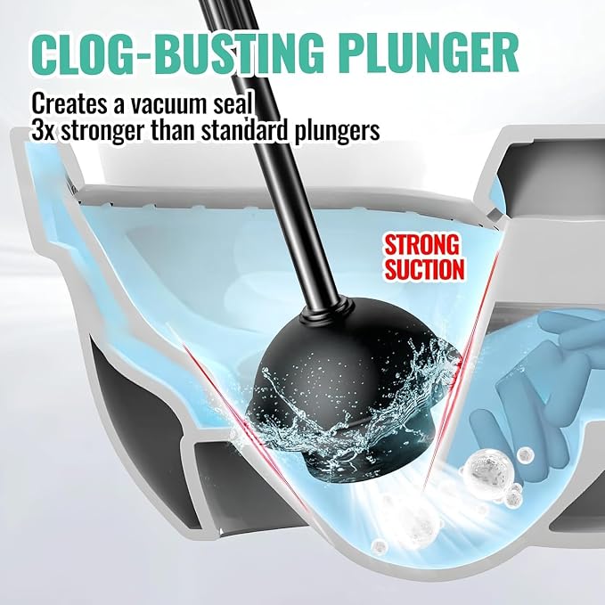 FORASTO 4 in 1 Toilet Brush and Plunger Set, Long Handle Combo, 2 Pack | Dark black bathroom cleaning tools with holder. Includes crevice brush for deep toilet bowl scrubbing.