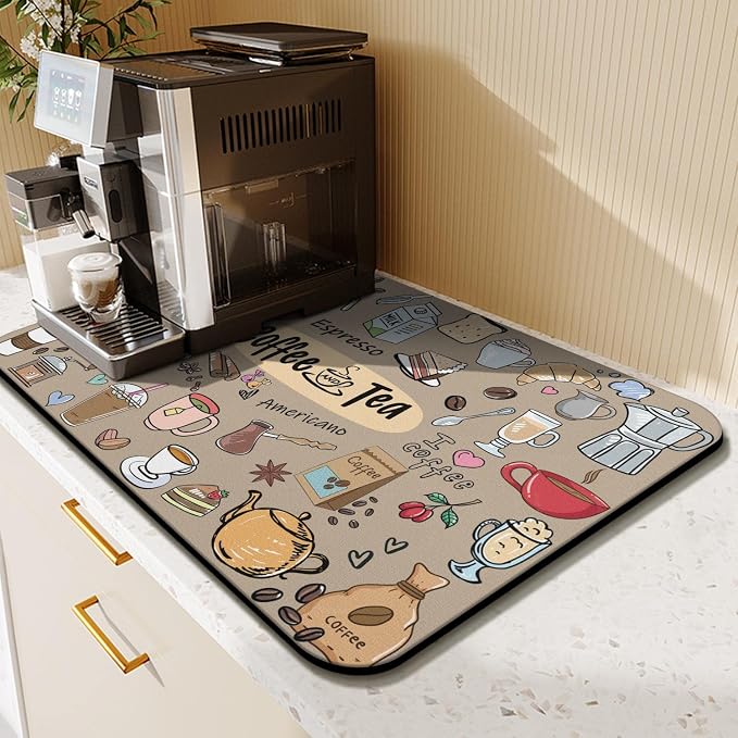 Coffee Bar Mat Accessories for Countertop Super Absorbent Anti-Slip Silicone Dish Drying Mats Kitchen Counter Draining Pad Decor Gift Fit Maker Pot Espresso Machine 23inx15in