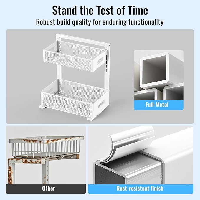 TISTAYA Full Metal Under Sink Organizer, Pull Out Cabinet Organizers and Storage, Silk-Smooth Sliding Drawer for Kitchen, Bathroom, Pantry, Cabinet, Closet (White, 2 Pack)
