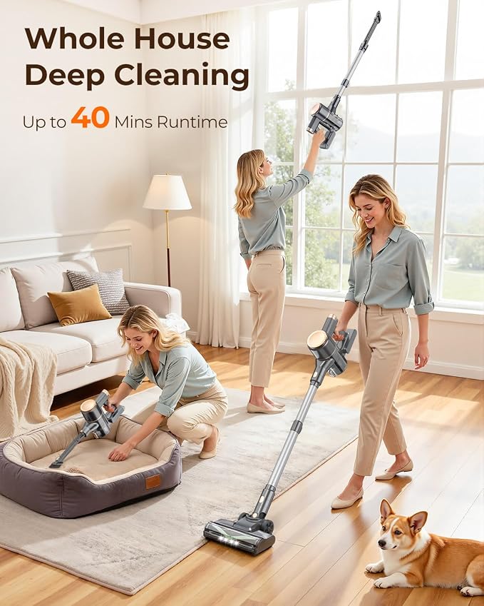 UML0 N8 Cordless Vacuum Cleaner,Lightweight Stick Vacuum with Powerful Suction,2200mAh Battery,40 Mins Runtime,Self-Standing, Rechargeable Vacuum Cleaners for Home Hardwood Floor Carpet Pet Hair