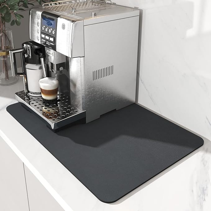 AMOAMI-Coffee Mat Hide Stain Rubber Backed Absorbent Dish Drying Mat for Kitchen Counter-Coffee Bar Accessories Fit Under Coffee Maker, Espresso Machine, Pot, Dish Rack,16"x24" Dark Grey