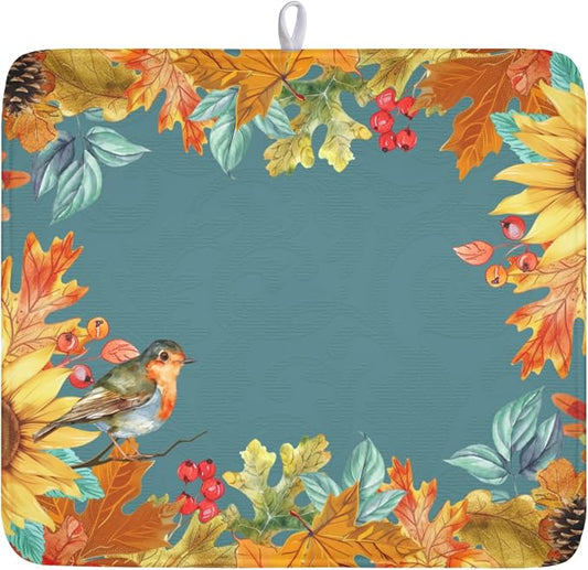 Fall Sunflower Dish Drying Mat for Kitchen Counter 16 x 18 Inch Autumn Orange Leaf Dish Drainer Mat Absorbent Microfiber Thanksgiving Harvest Dish Rack Pad for Coffee Dining Bar Decor