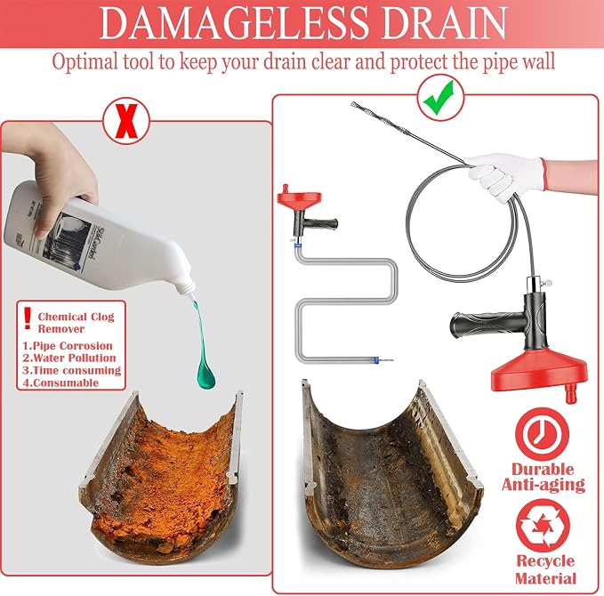 Drain Snake Auger 33 Ft, Plumbing Snake Drain Hair Clog Removal Tool, Heavy Duty Snake Auger, Sink Unclogger Drain Cleaner Tool for Bathroom Kitchen Tub Shower Drain Clog Remover with Gloves