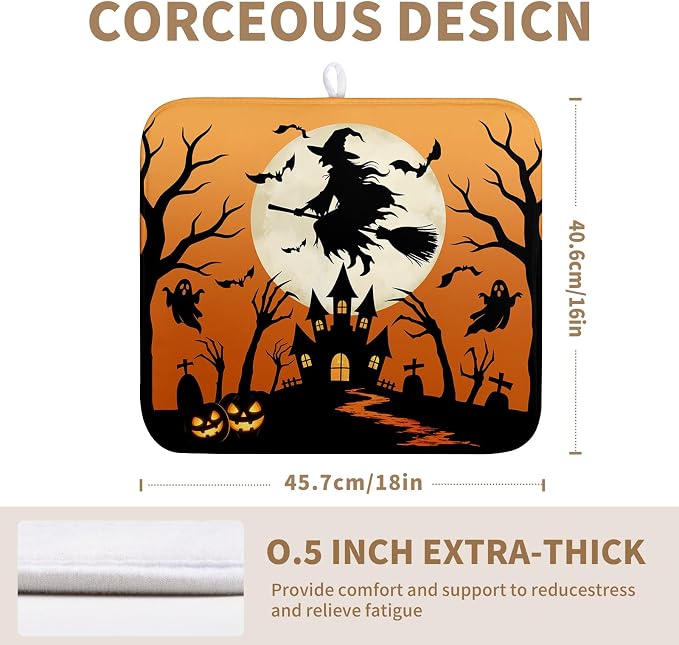 Halloween Dish Drying Mat for Kitchen Counter 16x18 Witch Castle Bats Ghost Drying Pad Orange Black Fall Holiday Dishes Drainer Mat Absorbent Microfiber Kitchen Countertop Protector Dish Mat
