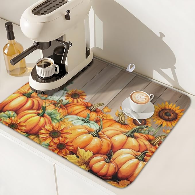 Fall Orang Pumpkin Dish Drying Mat for Kitchen Counter 16 x 18 Inch Autumn Sunflower Dish Drainer Mat Absorbent Microfiber Thanksgiving Wooden Dish Rack Pad for Coffee Dining Bar Decor