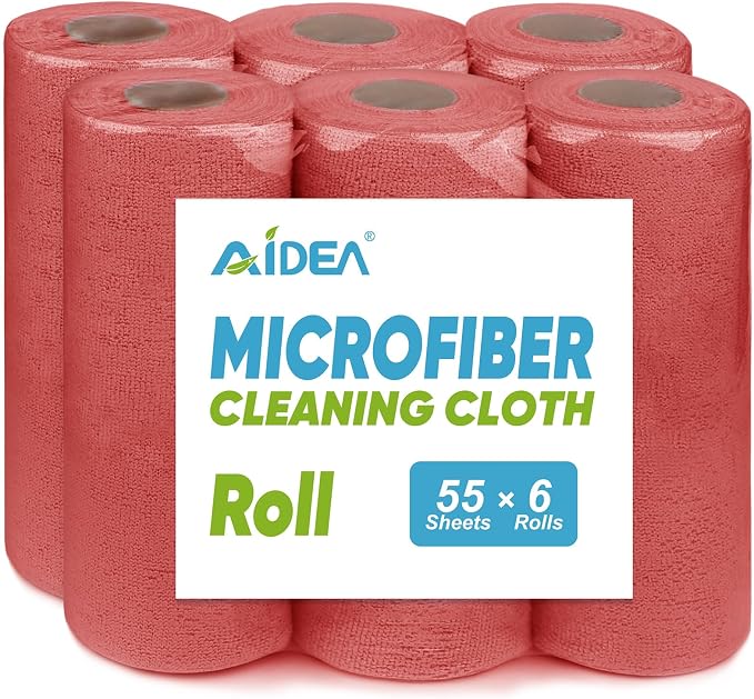 AIDEA Microfiber Cleaning Cloth-330 Sheets 6 Roll, Red Shop Rags 11×9" | Reusable Paper Towels, Car Cleaning Towels, Shop Towels Cleaning Rags for Automotive, Mechanic, Workshops, House