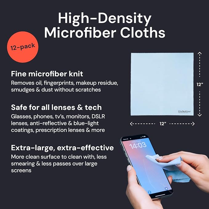 Elite Tech Gear Microfiber Cleaning Cloths for Glasses & Screens, 12-Pack | Blue - Large 12"x12" - Streak-free - Safe for Delicate Lenses - Washable - Clean Glasses, TVs, Phones, DSLR and Coated Lenses