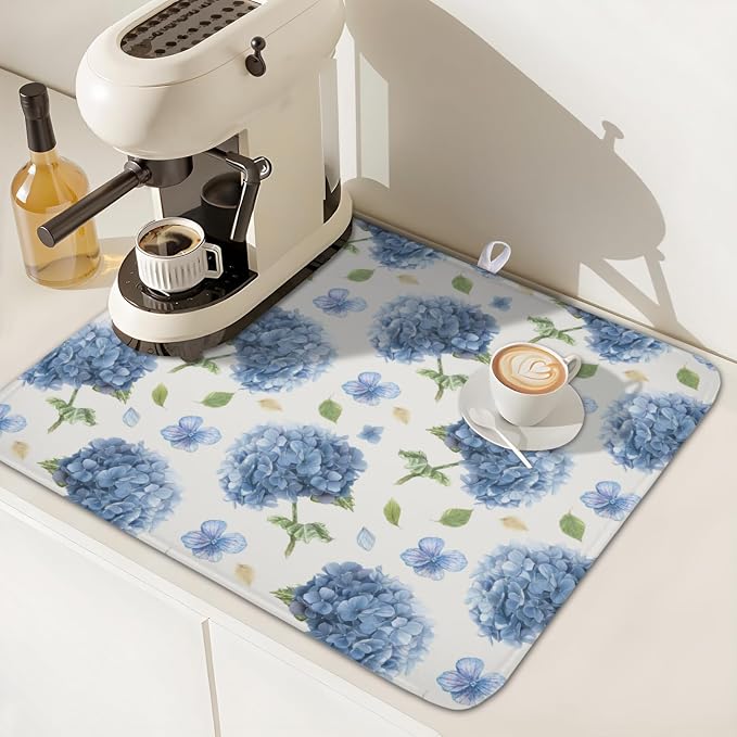 Spring Summer Blue Floral Dish Drying Mat 16x18 Inch | Hydrangea ，Polyester，Absorbent Microfiber，for Kitchen Coffee Dining Bar Decor