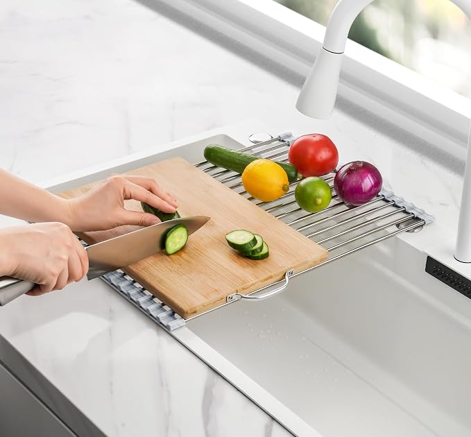 Tomorotec Stainless Steel Roll-Up Dish Drying Rack Marble Color Silicone Edges, Foldable Kitchen Rack Heat Resistant Trivet Supports up to 70 lbs, Food Safe for Dishes, Cookware & More