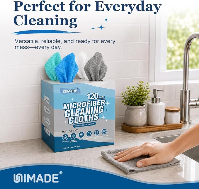 UNIMADE Microfiber Cleaning Cloth, 120 Pack Reusable Paper Towels Microfiber Towels for Cars Lint Free Shop Rags with for Home Kitchen Automotive, 11"x 9", White & Grey & Light Blue & Blue