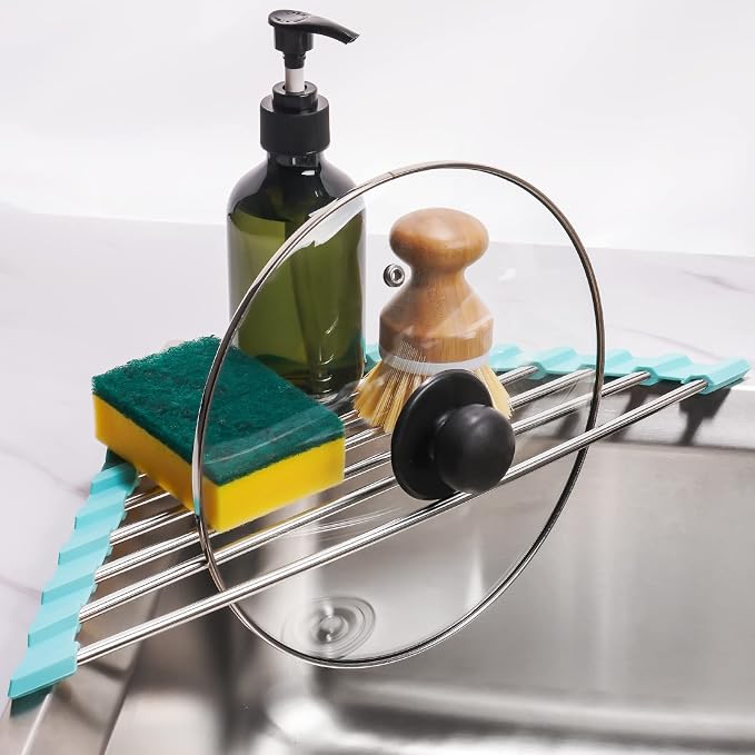 Tomorotec Green Triangle Roll-Up Dish Drying Rack for Sink Corner - Small, Foldable, Stainless Steel, Multipurpose Kitchen Drainer Caddy, Trivet, Rustproof Organizer, Storage Shelf