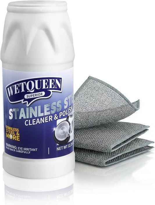 WETQUEEN Stainless Steel Cleaner and Polish Kit - Heavy Duty Cookware Cleanser Powder with 3 Pads - Removes Burnt Stains, Rust, Water Spots & Grease from Pots, Pans, Sinks & Appliances (12.35 oz)