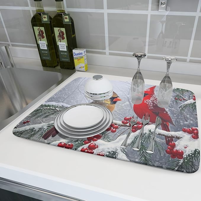 Winter Christmas Dish Drying Mat for Kitchen Counter 18 x 24 Inches Red Birds Absorbent Reversible Microfiber Mats for Berry Dish Rack Pad Drainer Mat for Coffee Bar Decor