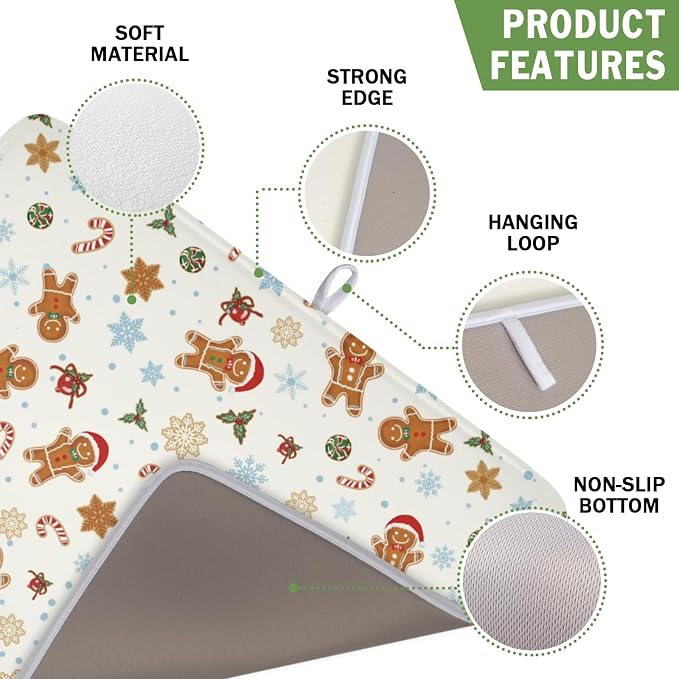 Christmas Gingerbread Man Dish Drying Mat 16x18 Inch Xmas Snowflake | Winter，Polyester，Absorbent Microfiber，for Kitchen Coffee Dining Bar Decor