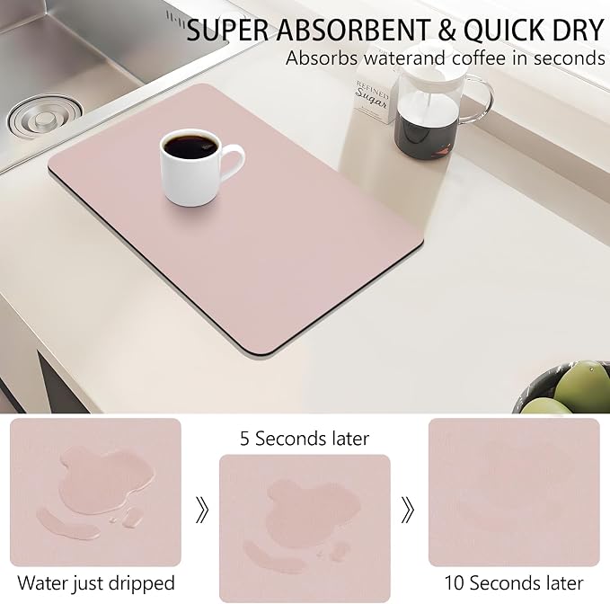 2-Pack Coffee Bar Mats Set for Countertop, 12" x 19” Super Absorbent Dish Drying Mat, Kitchen Counter Mat Fits Under Coffee Maker or Machine, Pink Kitchen Accessories for Dish Drying Rack
