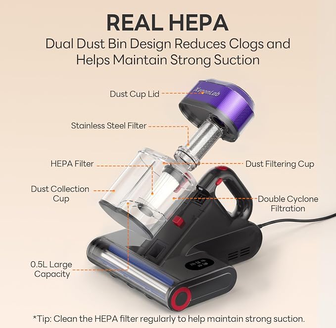 Mattress Vacuum Cleaner, 18000Pa Bed Vacuum Cleaner, 275nm UV-C Light & Ultrasonic 140°F Heat with High-Speed Deep Tapping, Versatile Handheld Vacuum for Bed, Sofa, Couch, Crib（Corded）