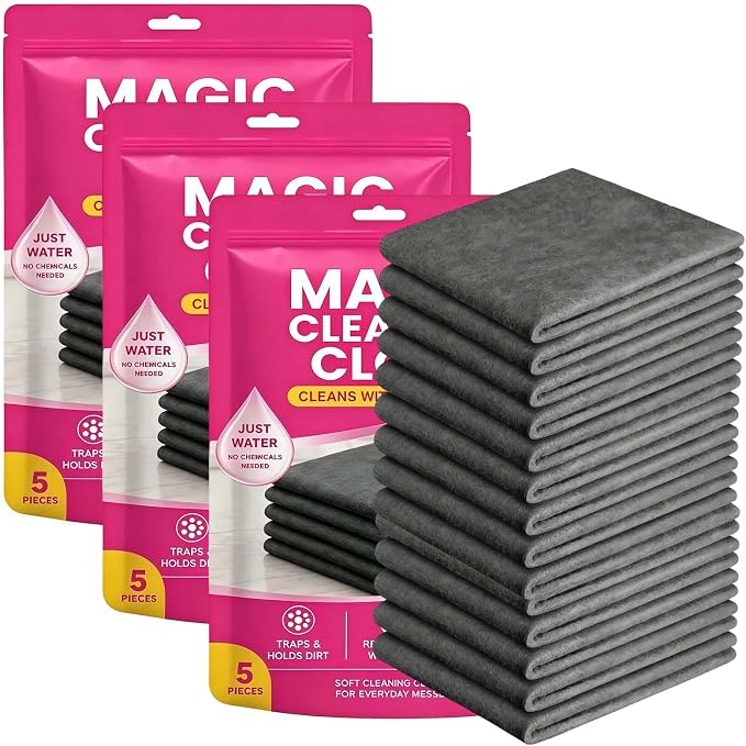 Magic Cleaning Cloth 5-Pack for Stainless Steel, Windows,Glass (15 Cloths) | 7.87 × 11.81 inches, Thick Microfiber, Reusable