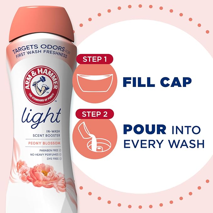 ARM & HAMMER Light Laundry Scent Booster, Peony Blossom Scent, 24 Oz | In-Wash Laundry Fragrance, No Heavy Perfumes, No Dyes, No Parabens, Laundry Additive
