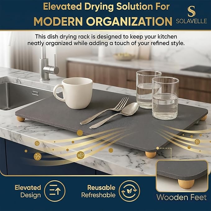 Stone Drying Mat for Kitchen Counter with 5 Wooden Feet | Bamboo Rack | 19.7"×15.7" Diatomaceous Earth Dish Drying Mat, Elevated Drying Stone Mat for Modern Kitchen Countertop