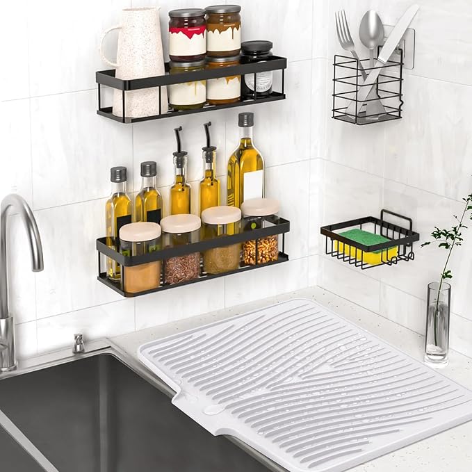 TIKNIK Silicone Dish Drying Mat for Kitchen Counter - Heat Resistant & Non-Slip Dish Drain Pad with Built-In Drain, Dishwasher Safe, Quick-Dry, Hangable & Roll-Up for Storage, White-2pcs, 20" x 15"